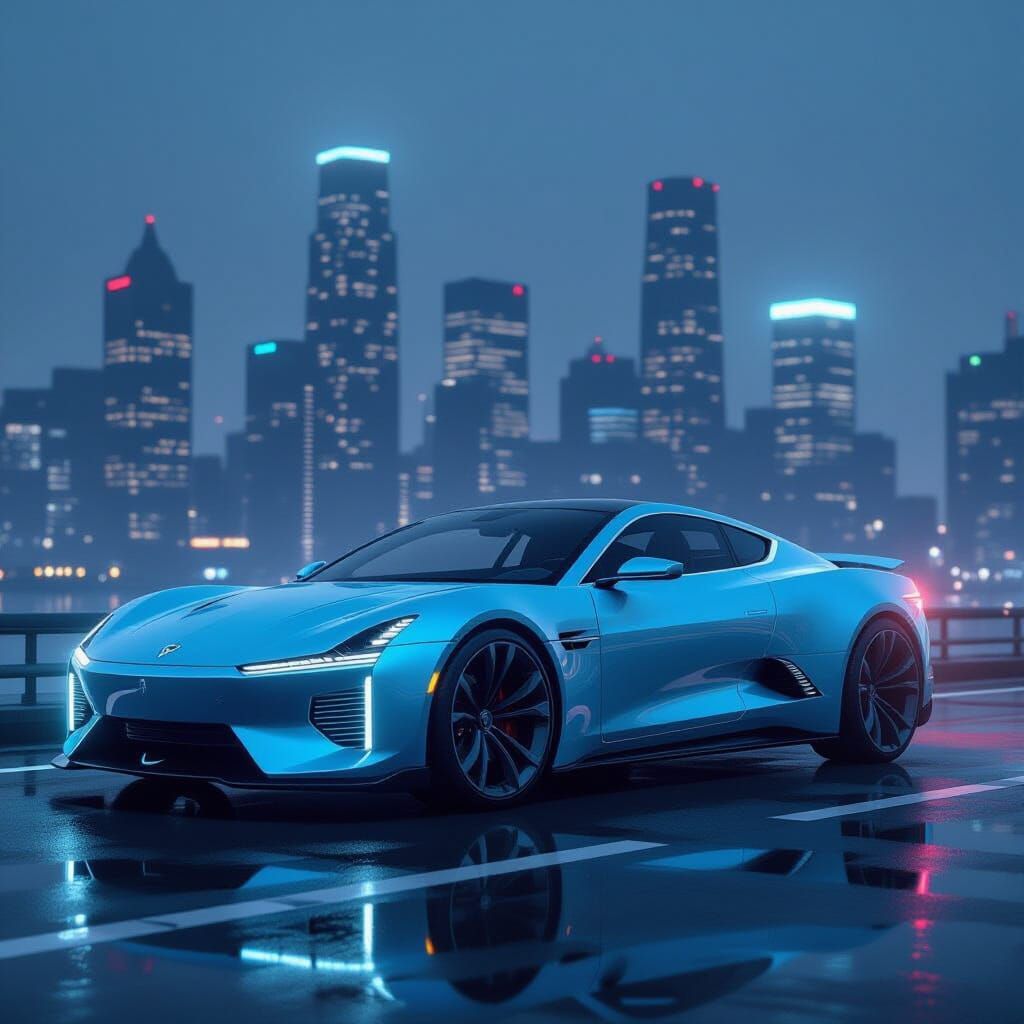 Futuristic Steel Blue Coupe in Cyberpunk Nightscape