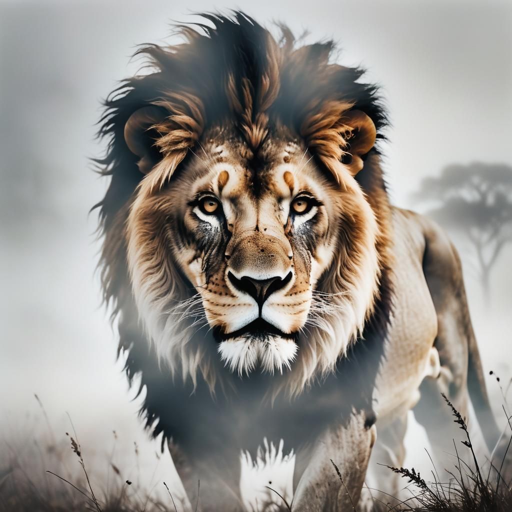 Lion in Fog-Shrouded Savannah: Double Exposure Fine Art