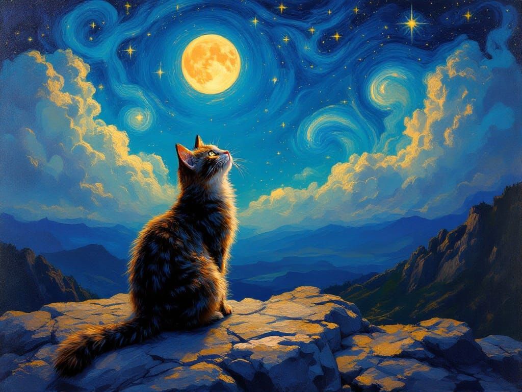 Glowing Moonlit Feline in Dreamlike Oil Painting