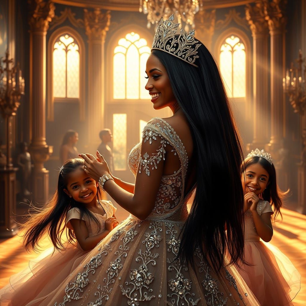 Regal Brown Queen Dances with Joy in Lavish Castle Setting