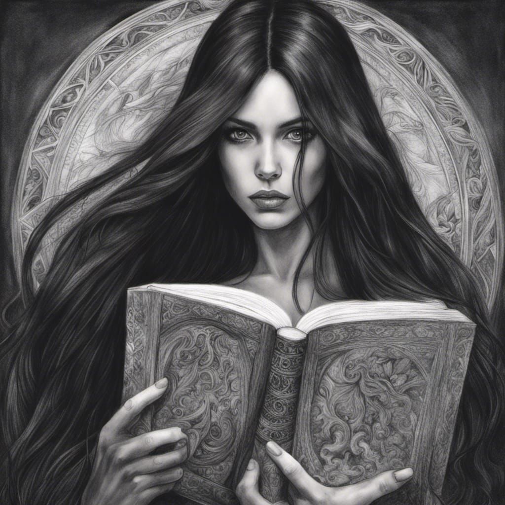 Dark Sorceress with Book of Shadows in Charcoal