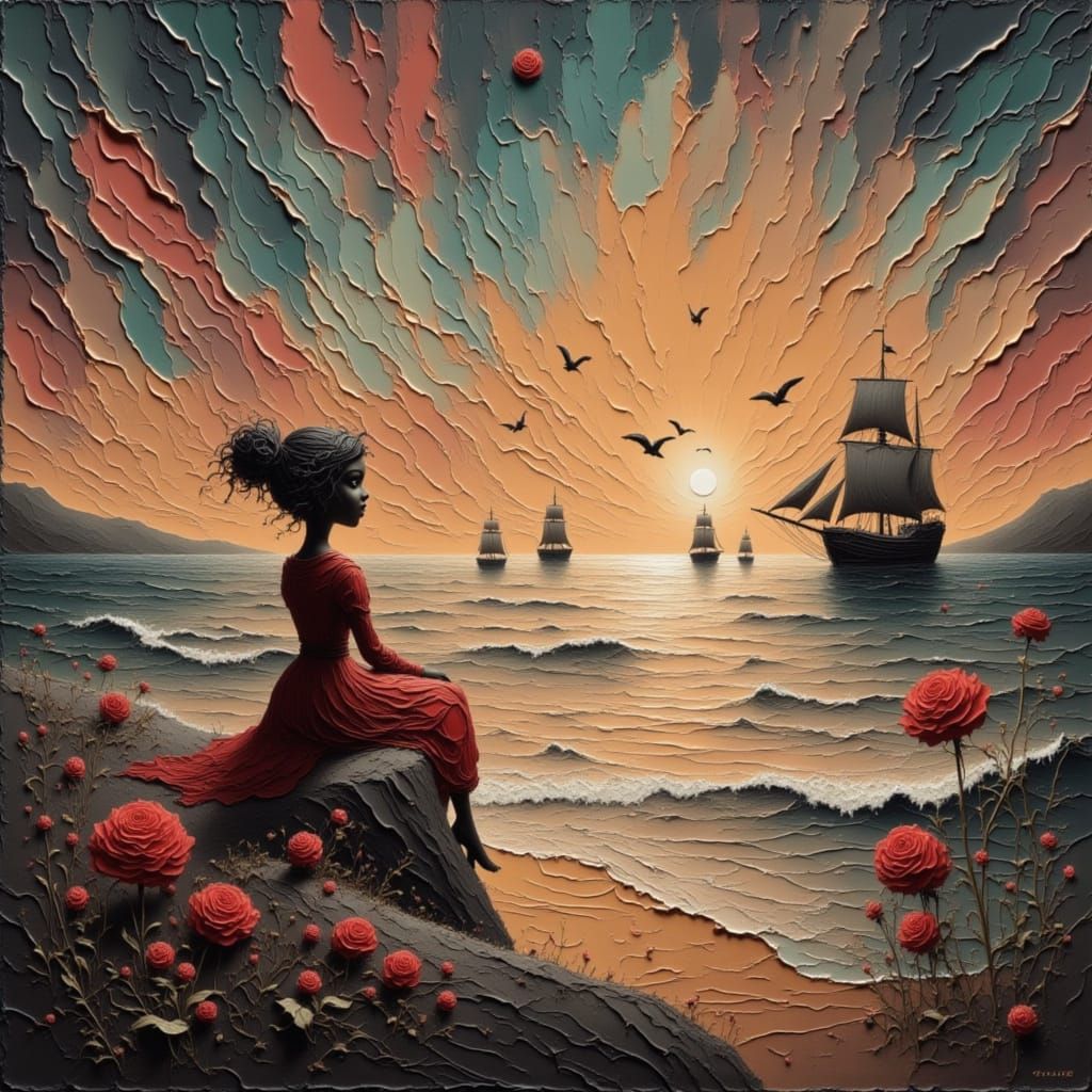 Figure with Crimson Crown in Ethereal Style