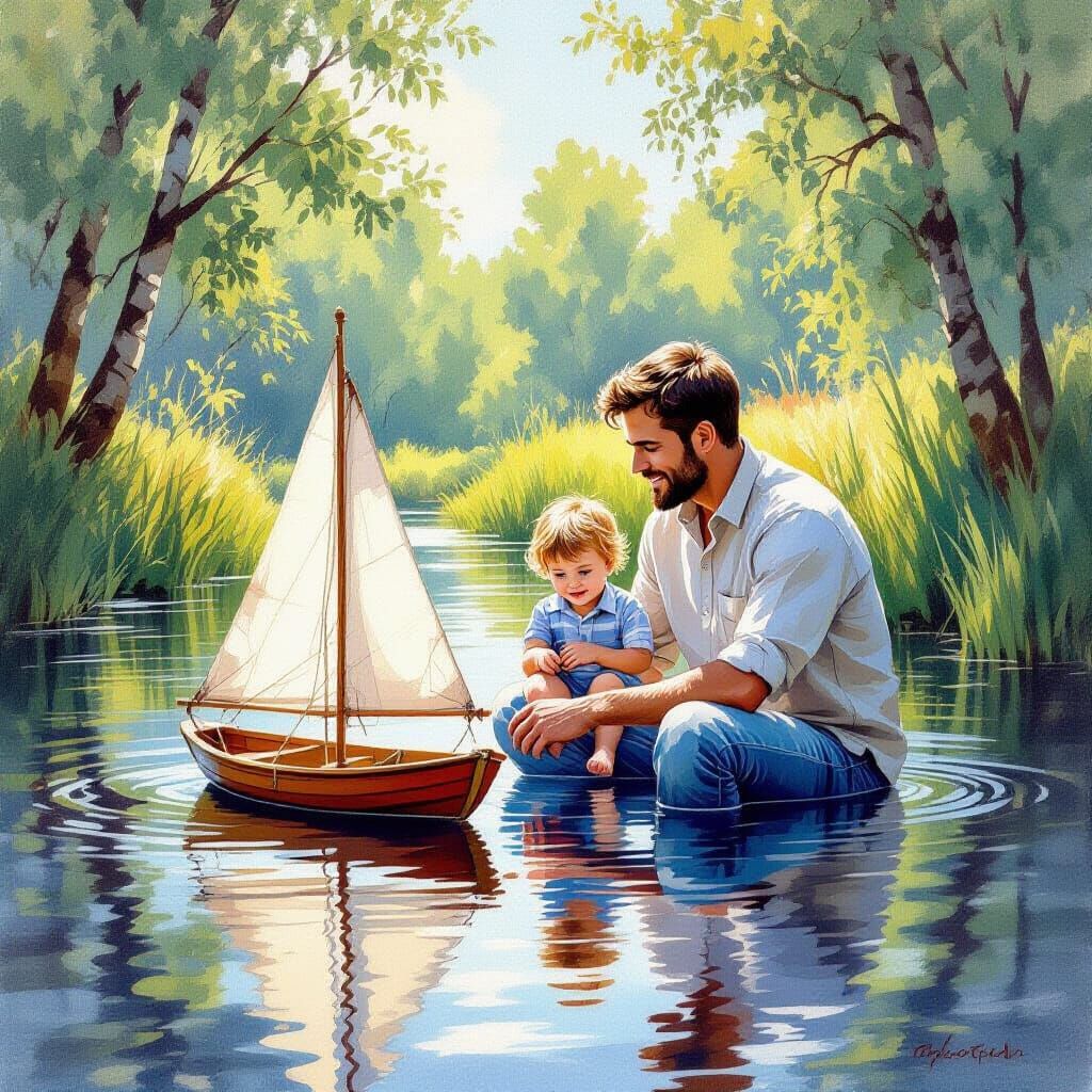Father and Child Sailing Toy Boat: Gouache Painting