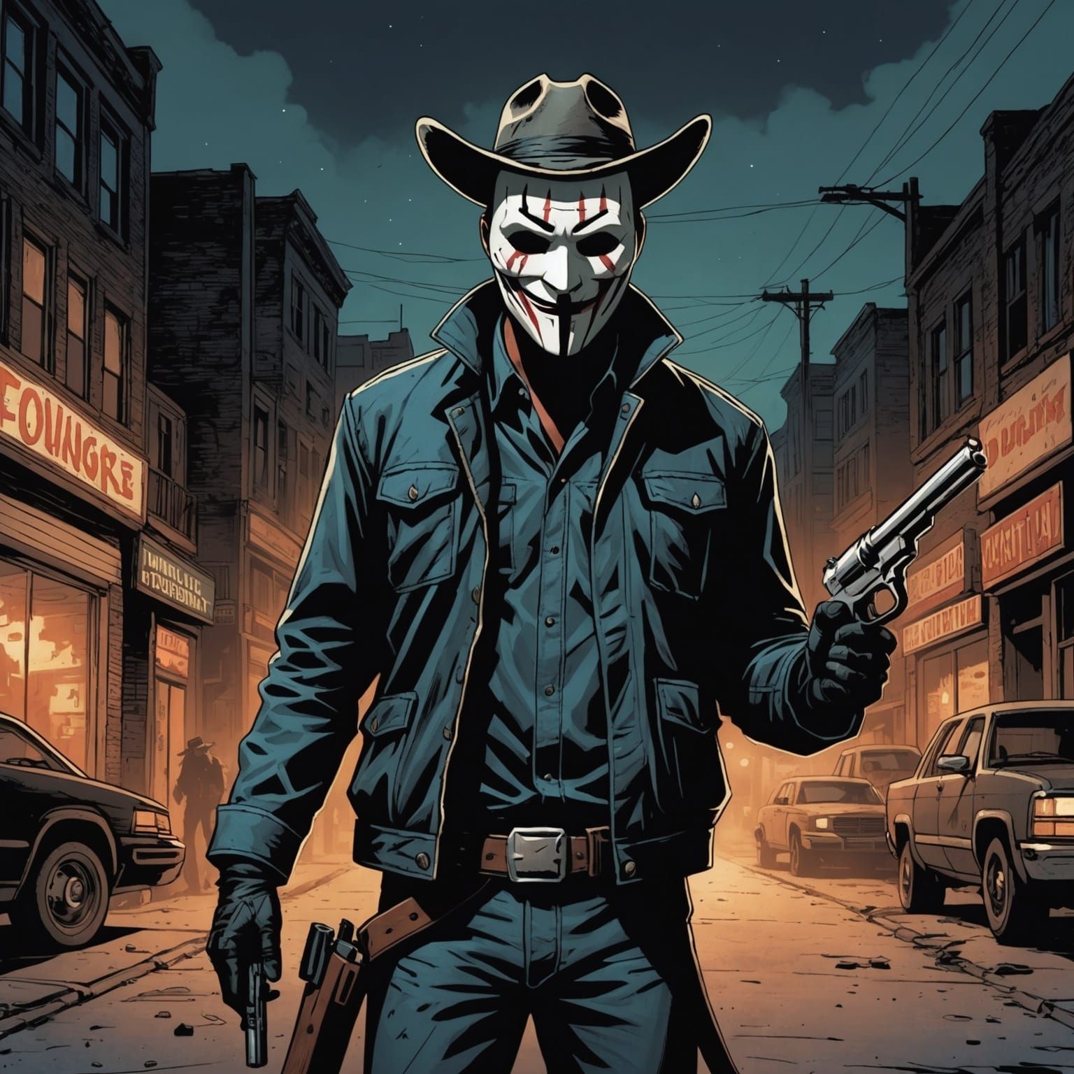 Masked Man with Pistols in Comic Book Style