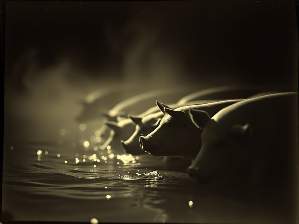 Vintage Photo of Pigs Rushing into a Lake