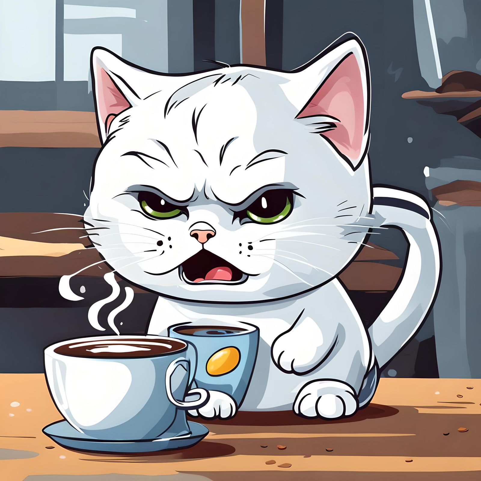 Angry Cat Forced to Drink Coffee Cartoon