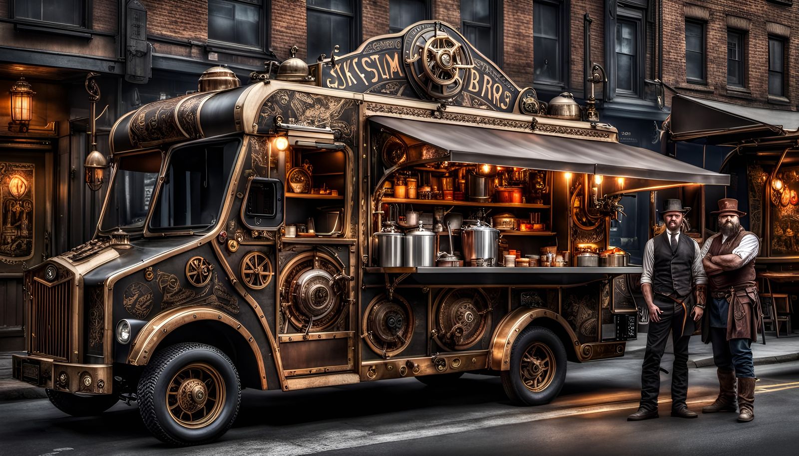 Steampunk Viking Food Truck on City Street