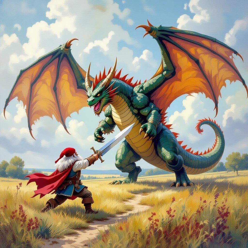 Dwarf vs Dragon: An Epic Impressionist Gouache Masterpiece