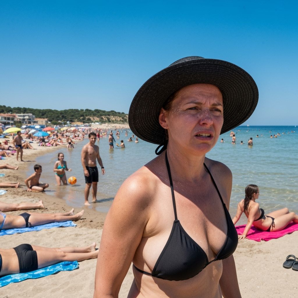 Woman Disgusted by Heat on Crowded Beach