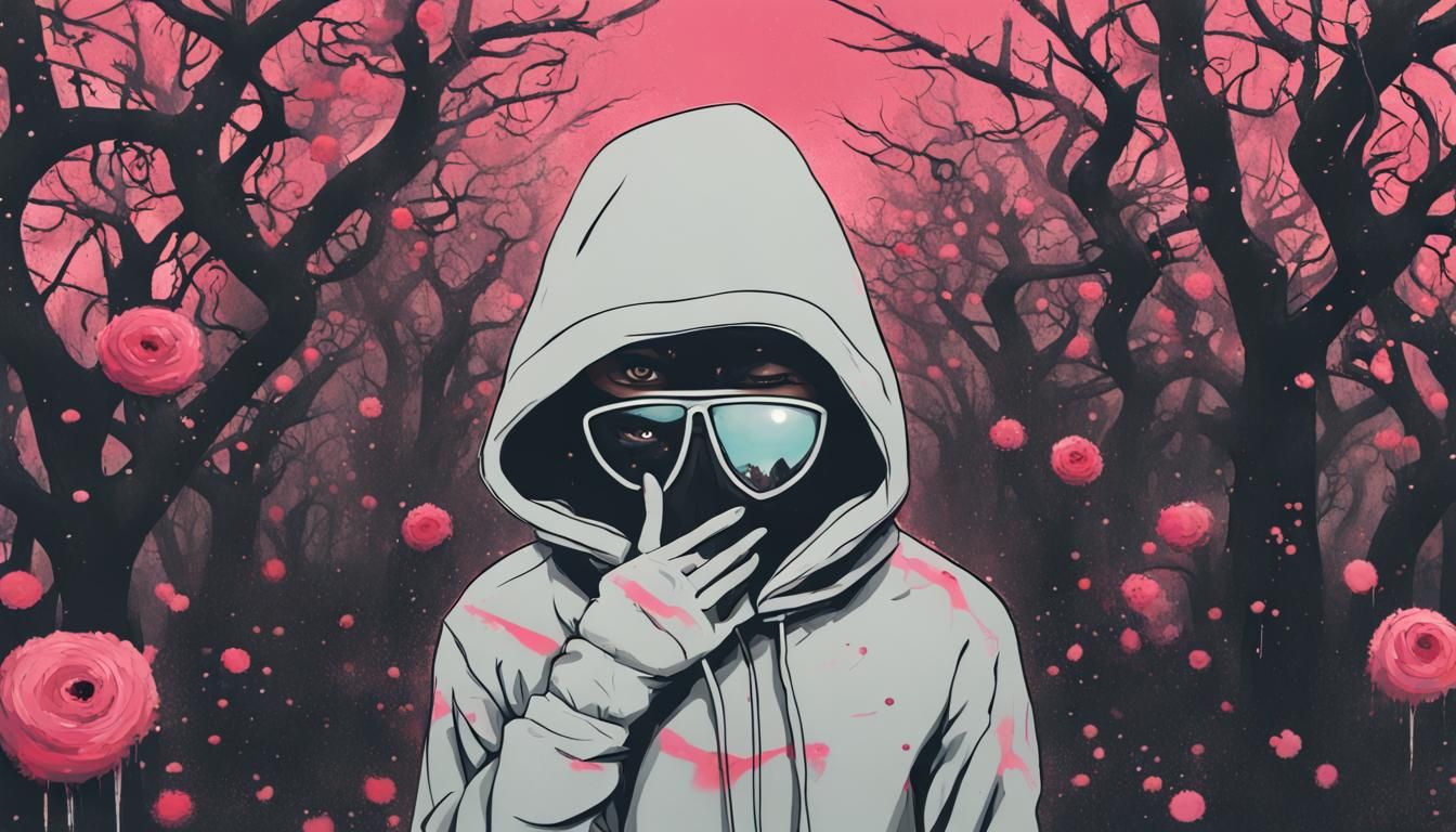 Masked Figures Chase in Glitchy Graffiti Art