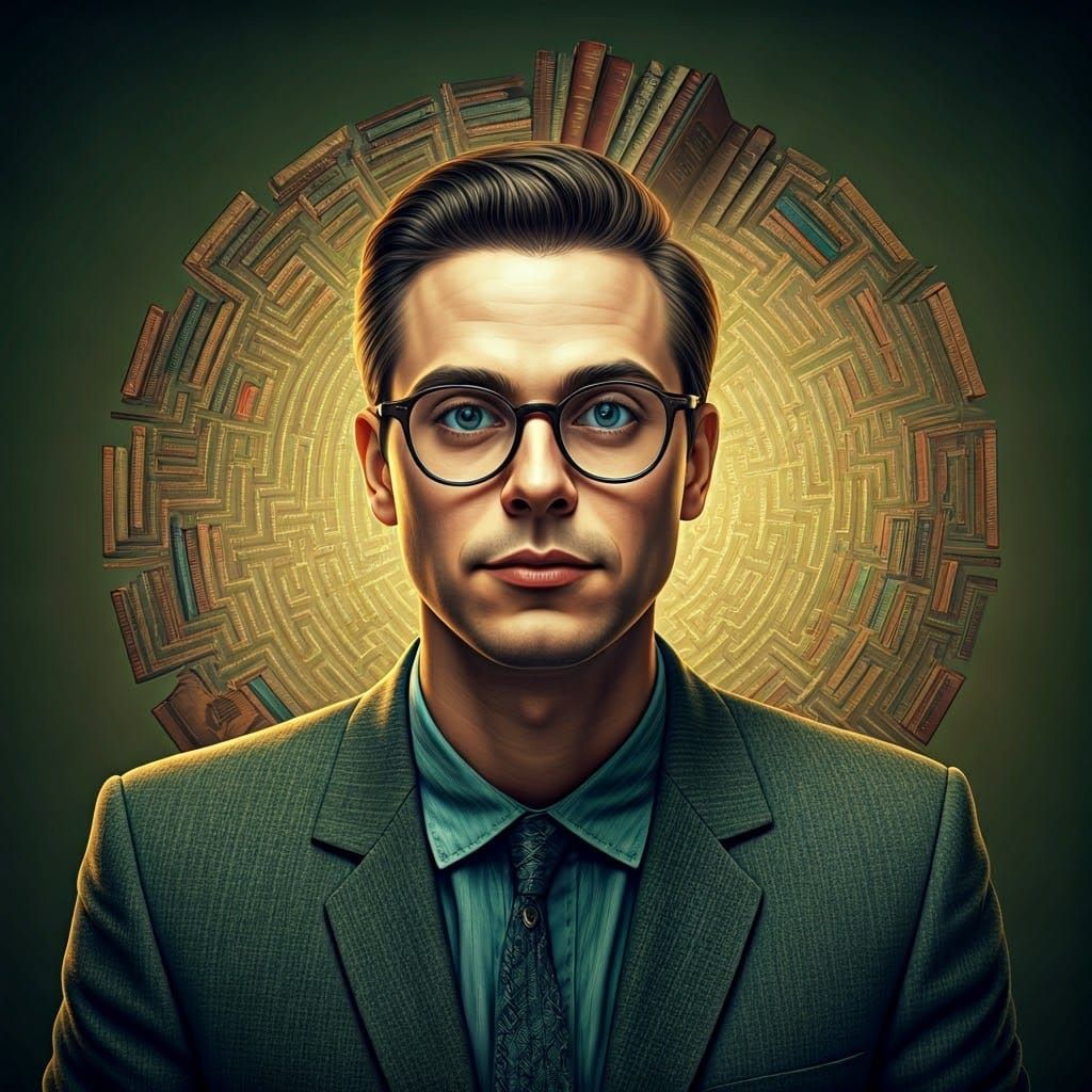 Whimsical Portrait of a Librarian in a Creative Labyrinth