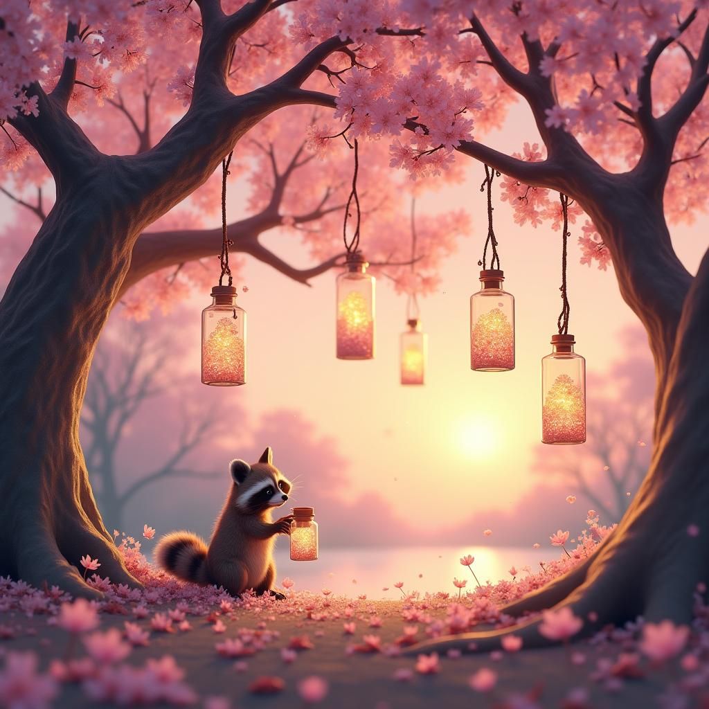 Raccoon and Glass Bottle Lanterns in Cherry Blossom Forest
