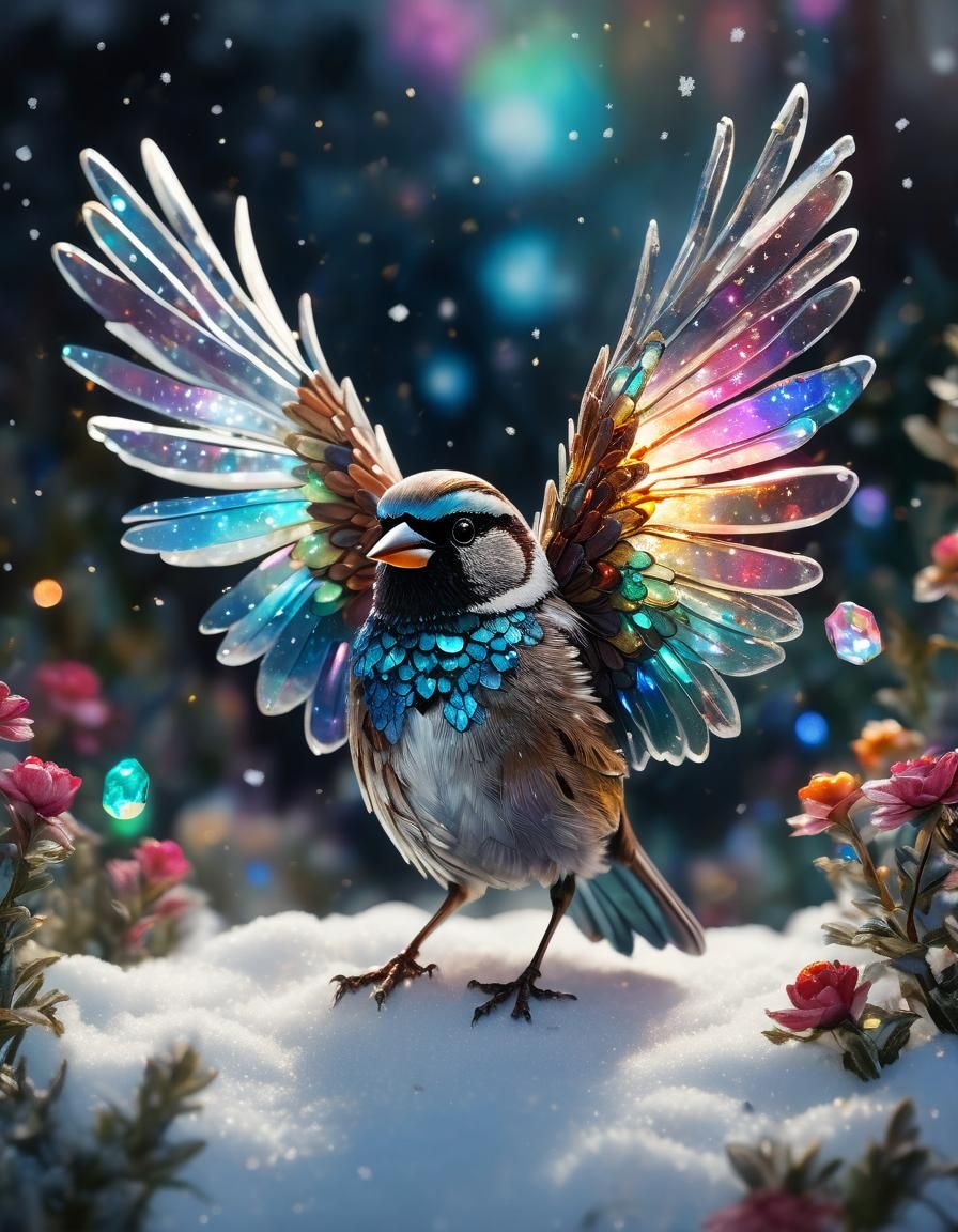 Crystal Sparrow with Iridescent Wings in Hyperrealistic Styl...