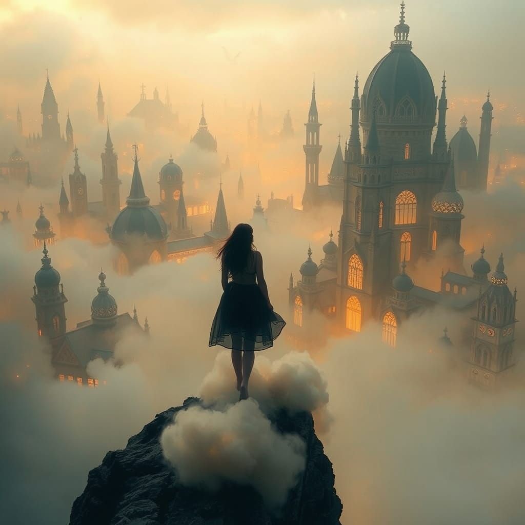 Dreamlike Cityscape in Golden Haze