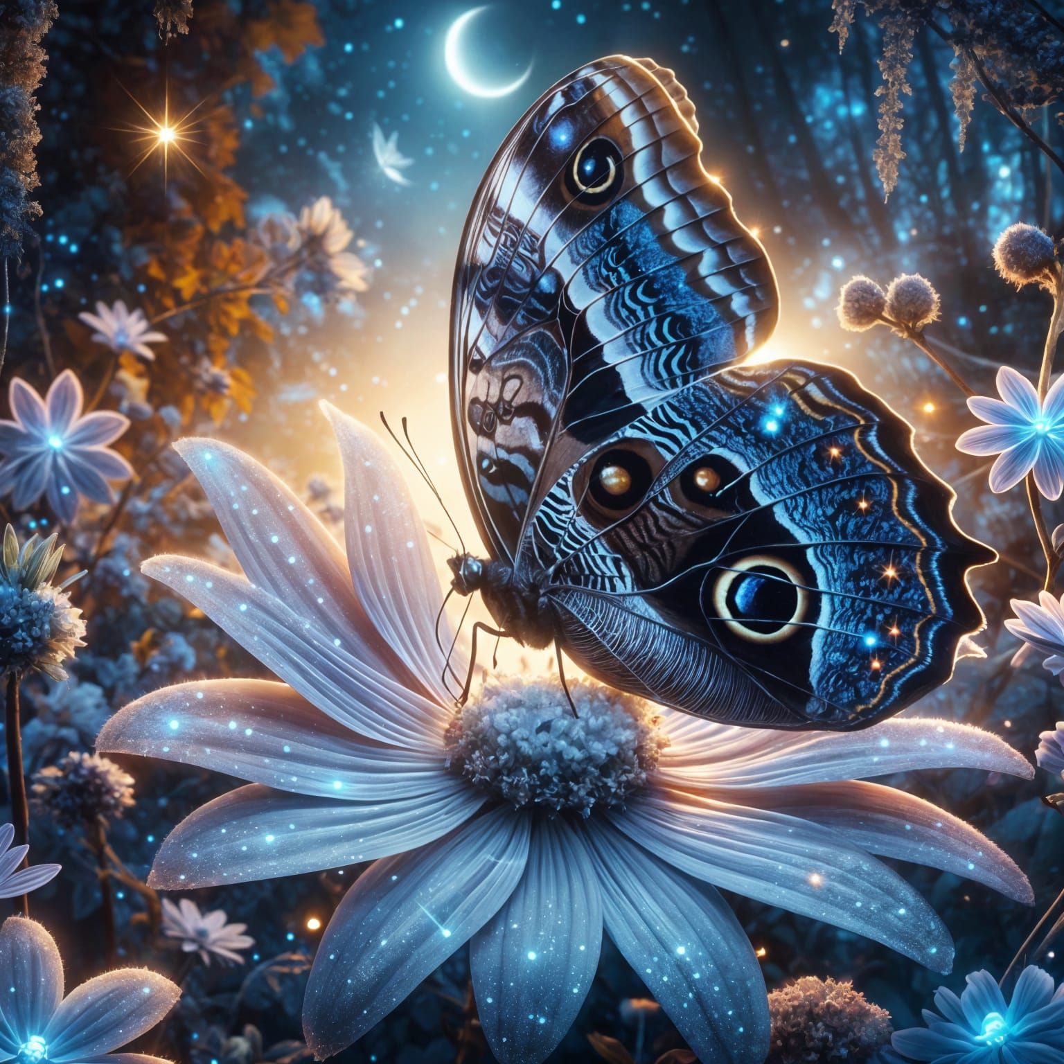 Celestial Butterfly on White Flower in Enchanted Forest