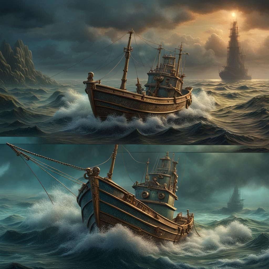 Fishing Boat Matte Painting, Mid 20th Century
