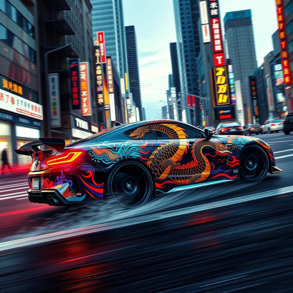 Cyberpunk-Style Dragon Car Speeds through Tokyo Streets