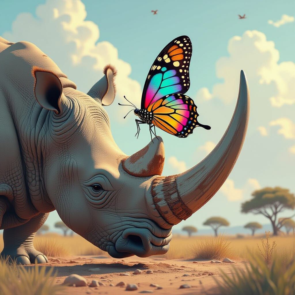 Tiny Butterfly on Giant Rhino Horn, Whimsical Art