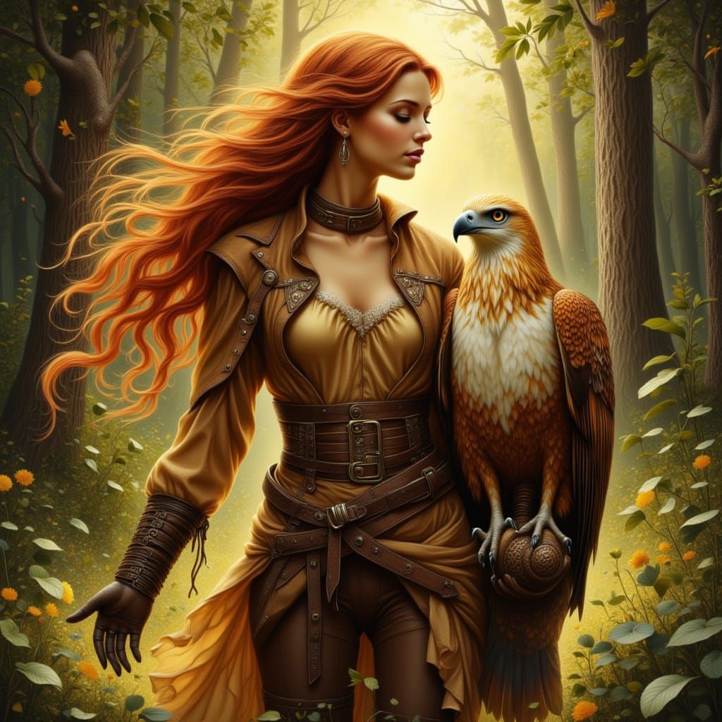 Woman and Golden Eagle in Forest Clearing, Realistic Oil Pai...
