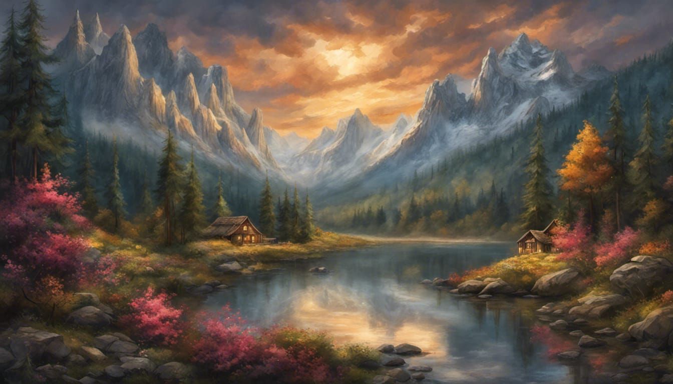 Spectacular Mountain Landscape Painting at Sunrise