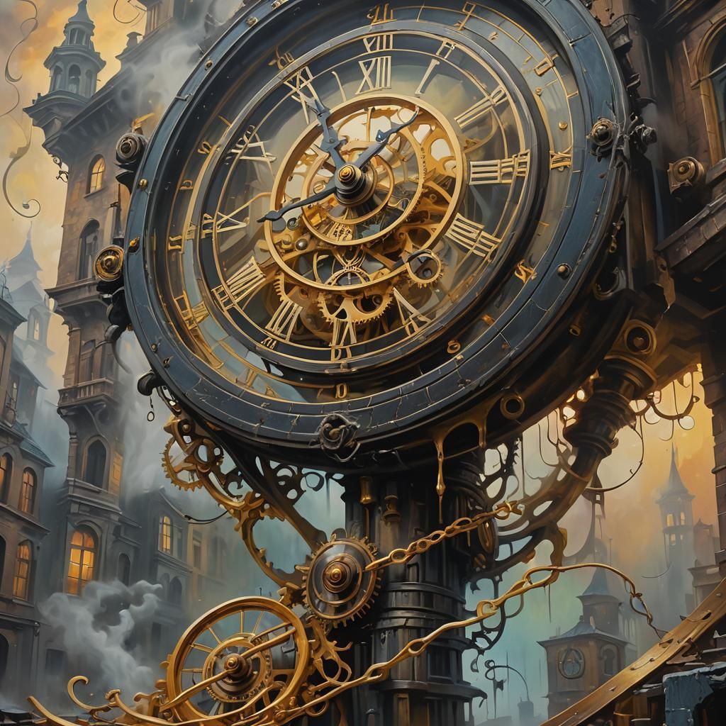 Surreal Time Unraveling in Misty Alley: Oil Painting