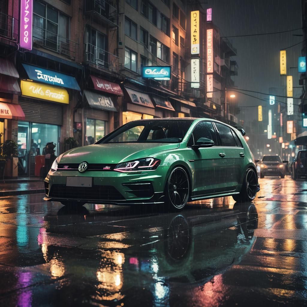 Cyberpunk VW Golf 7R Speeds Through Neon City