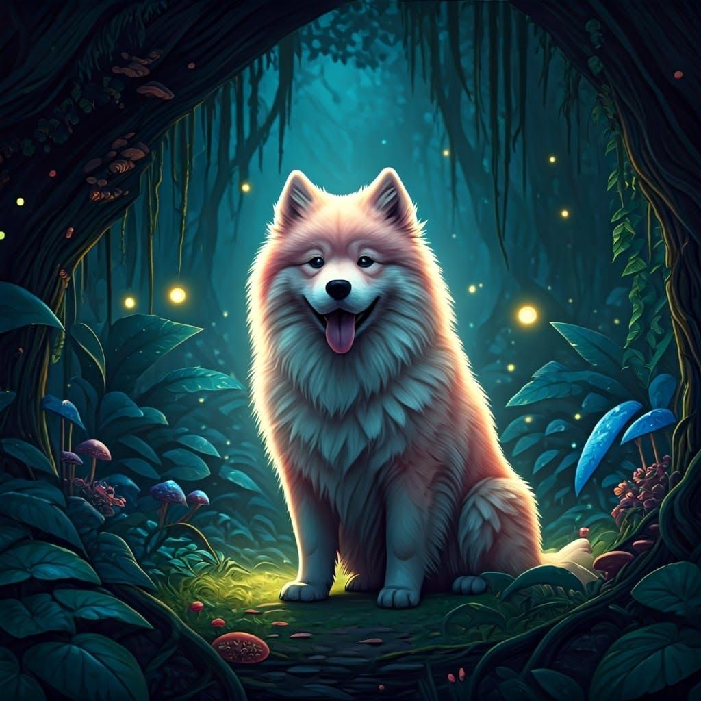 Surreal Goude Samoyed in Whimsical Fantasy Landscape