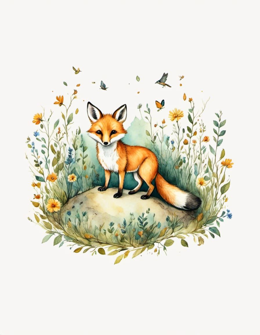 Watercolor Baby Fox in Storybook Nursery