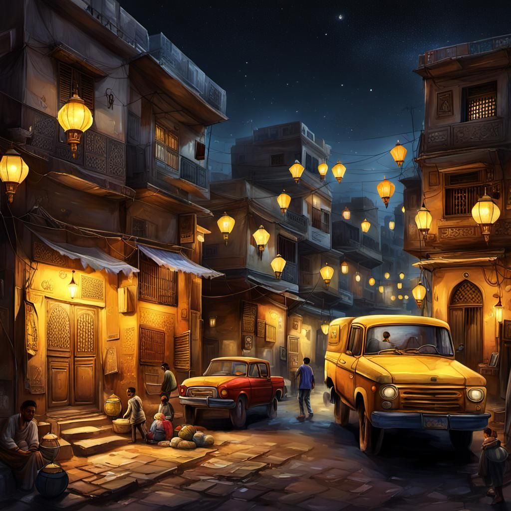 A neighborhood in Cairo, a few old Egyptian houses in the neighborhood, it is Ramadan night