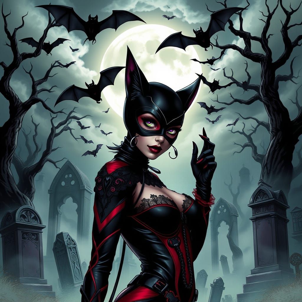 Gothic Catwoman in Black and Crimson Catsuit