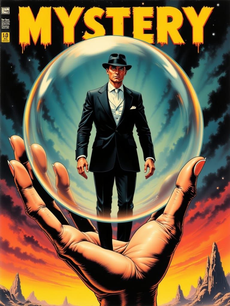 Mystery Magazine Cover with Man in Glass Bubble
