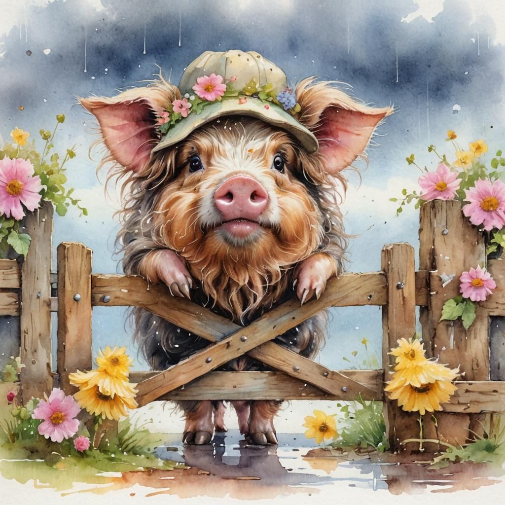 Whimsical Pink Piglet in Rainy Pastel Watercolour