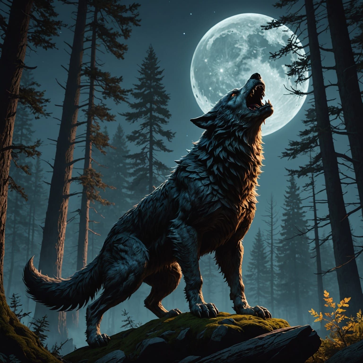 Werewolf Howling at Moon, Detailed Digital Painting