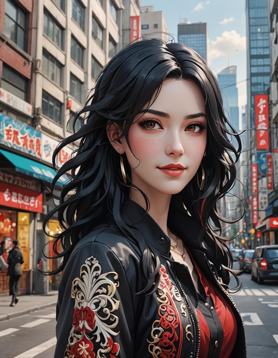 Anime Gypsy Heroine in City Street, 3D Render