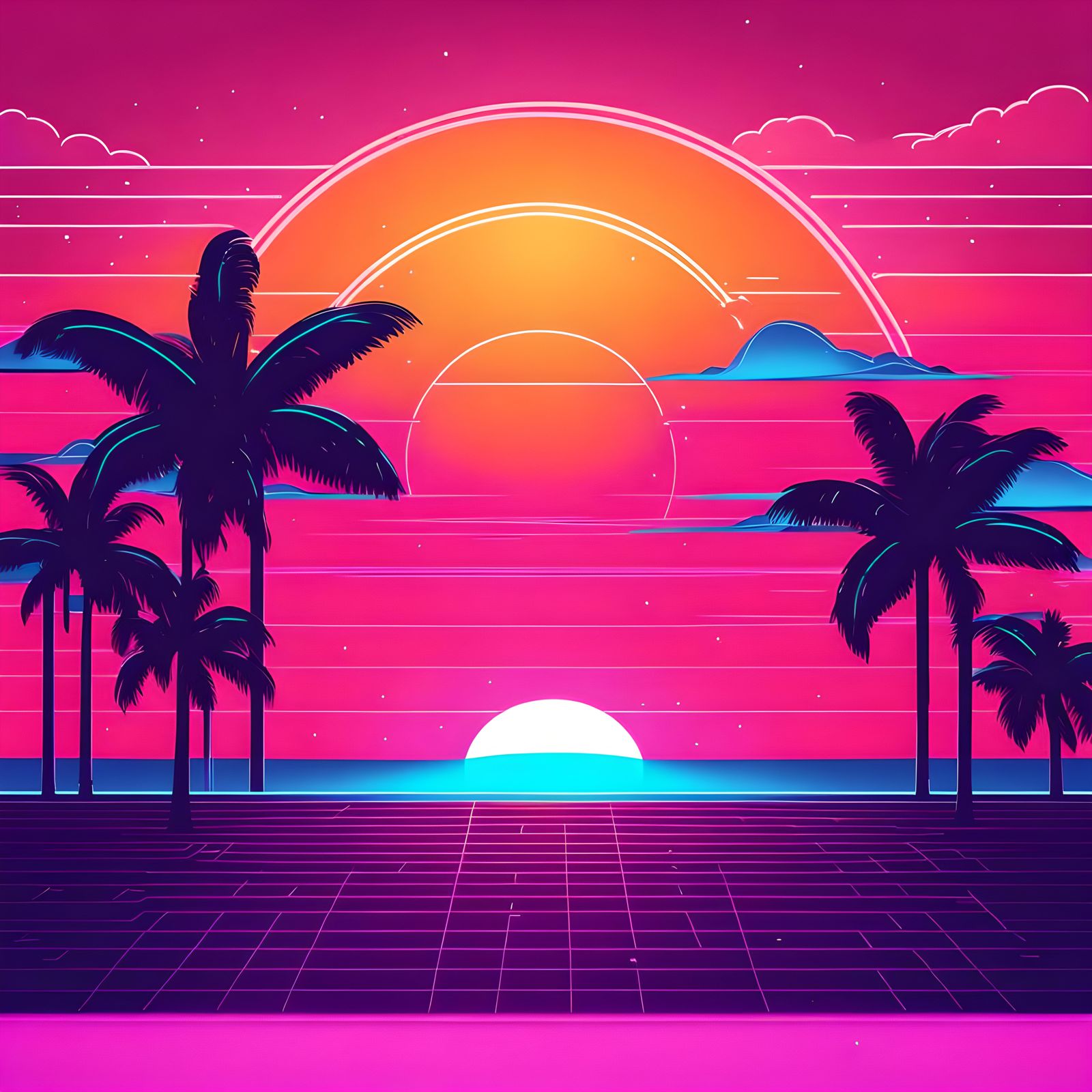 Single Line Sunrise in Synthwave Neon Style