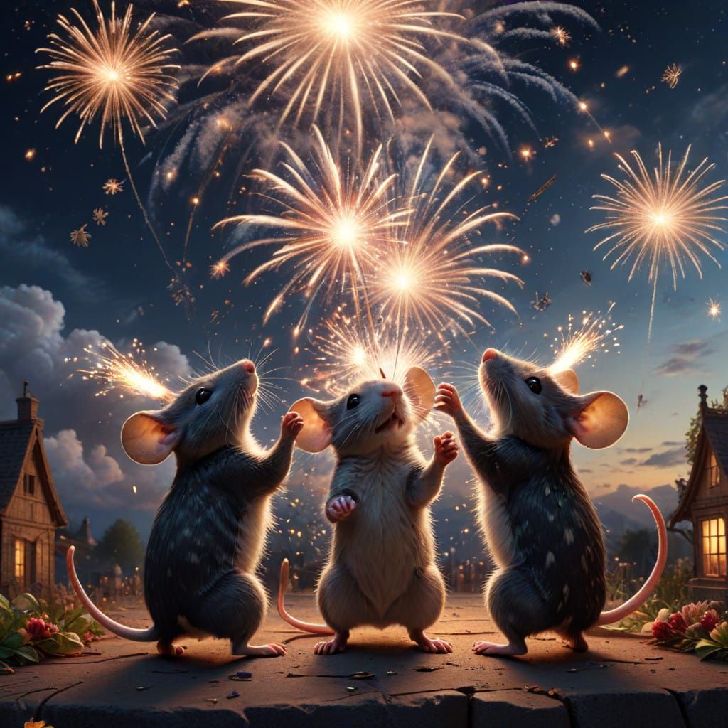 Mice Celebrate New Year in a Vibrant Evening Sky with Firewo...