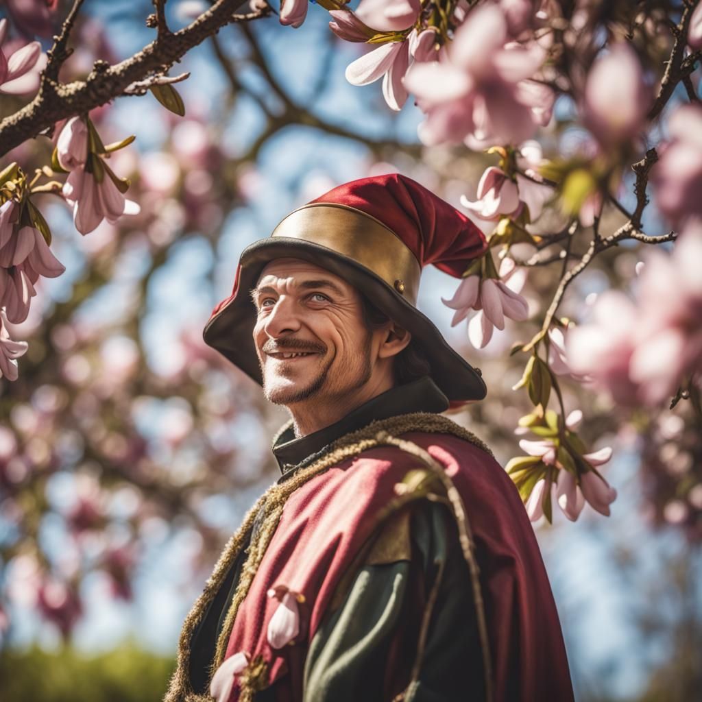 Medieval Jester Under Magnolia Tree in Spring