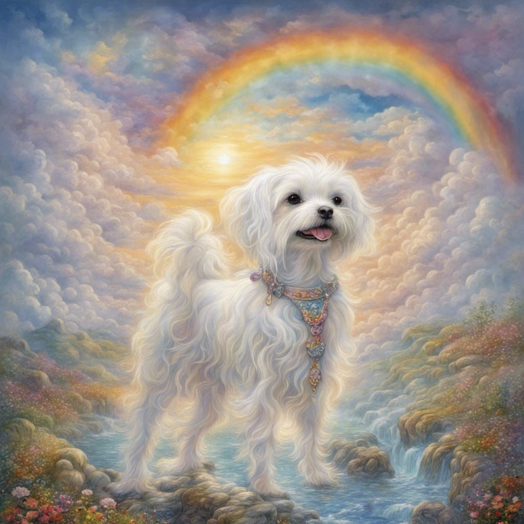 Little Maltese dog crossing the rainbow bridge in the clouds.