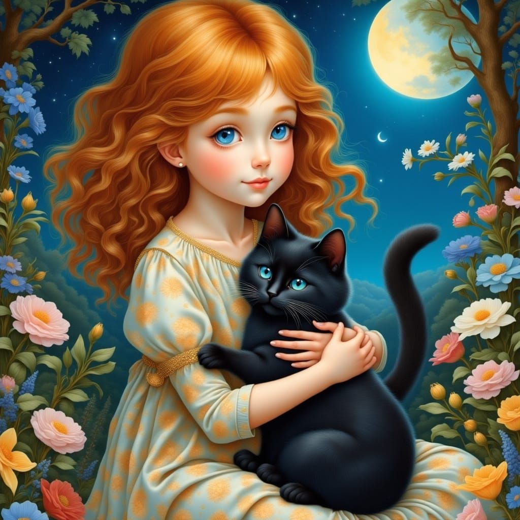 Whimsical Moonlit Friendship between Cat and Girl