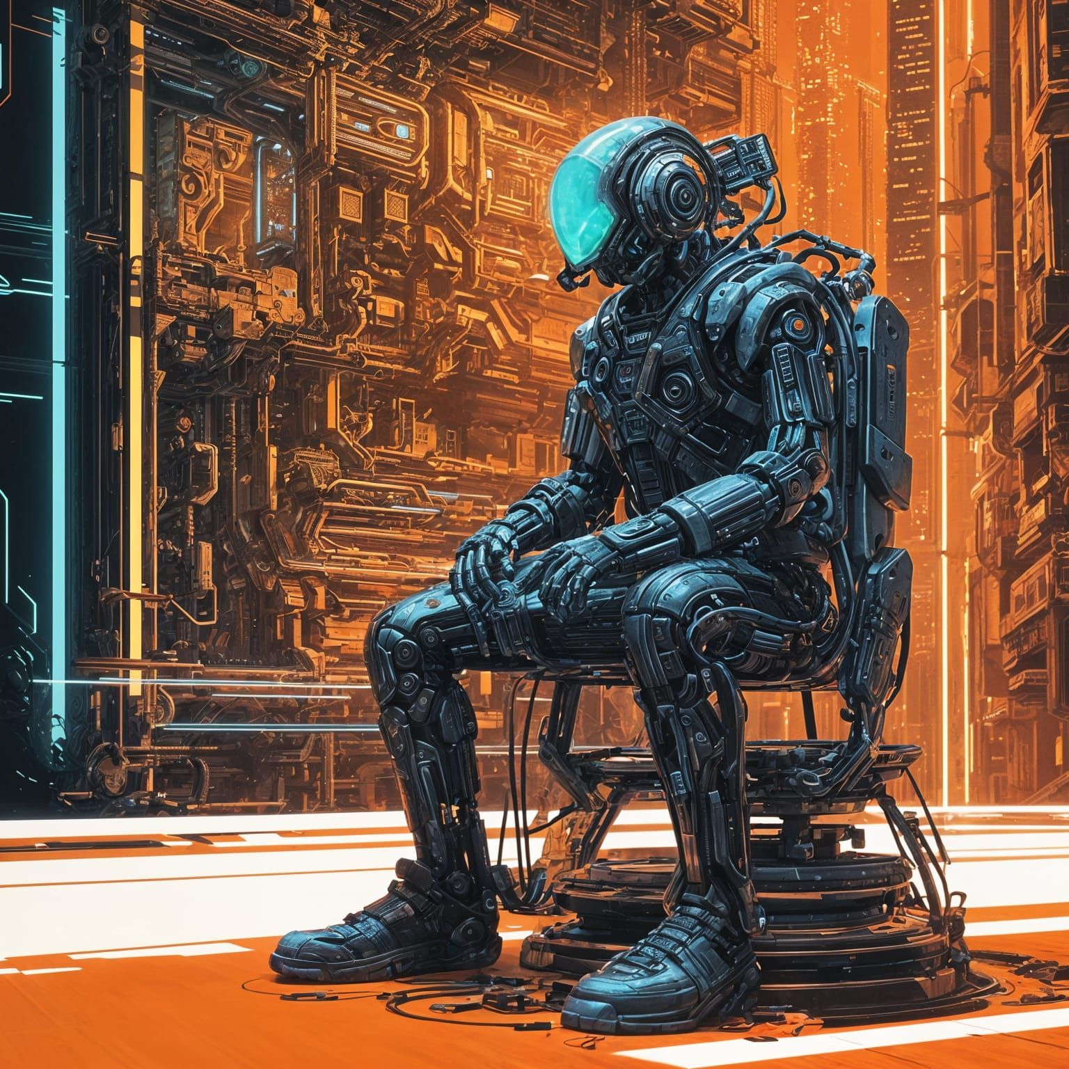 Cyberpunk Cyborg Dissolving into Data Stream