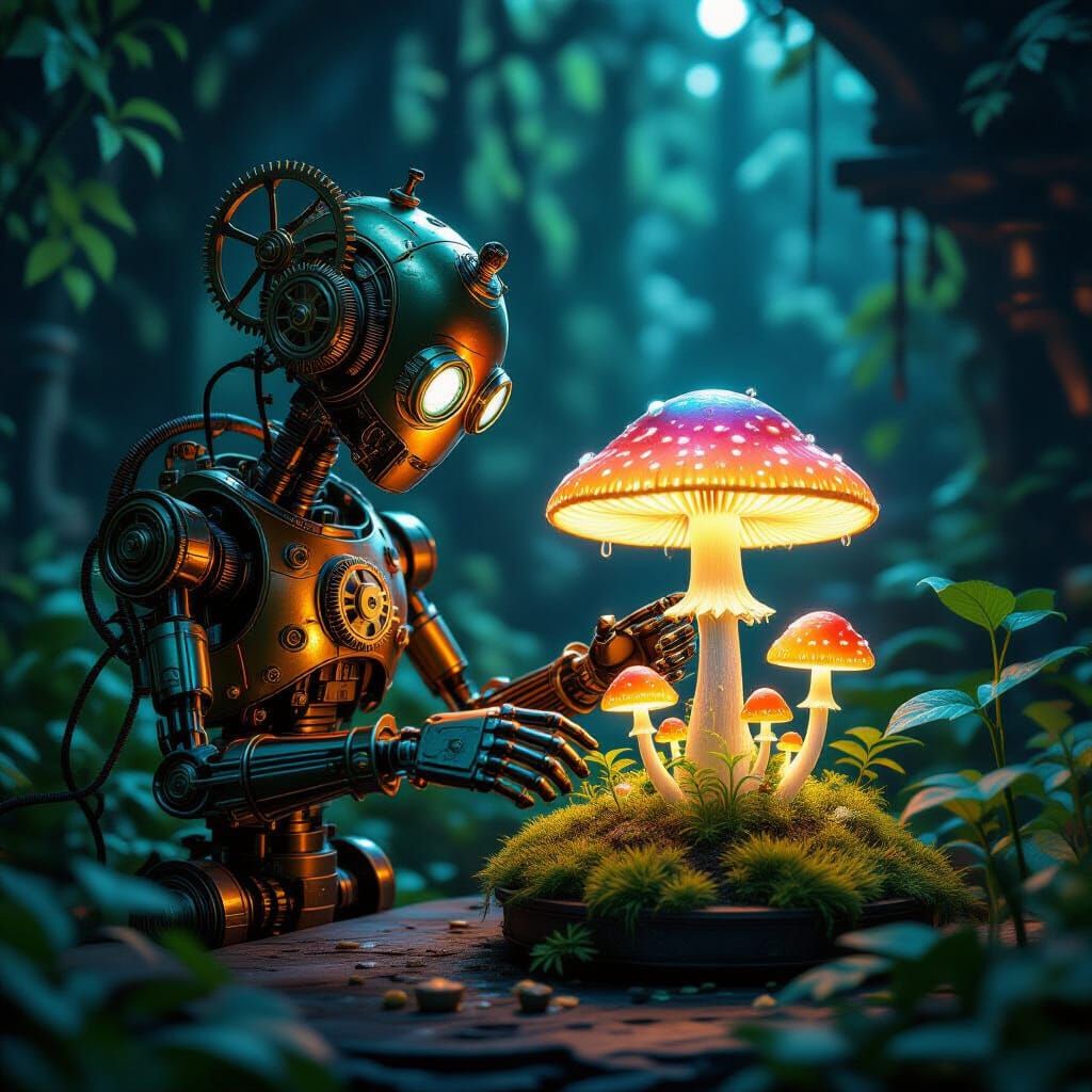 Steampunk Automaton Tends Bioluminescent Space Mushrooms