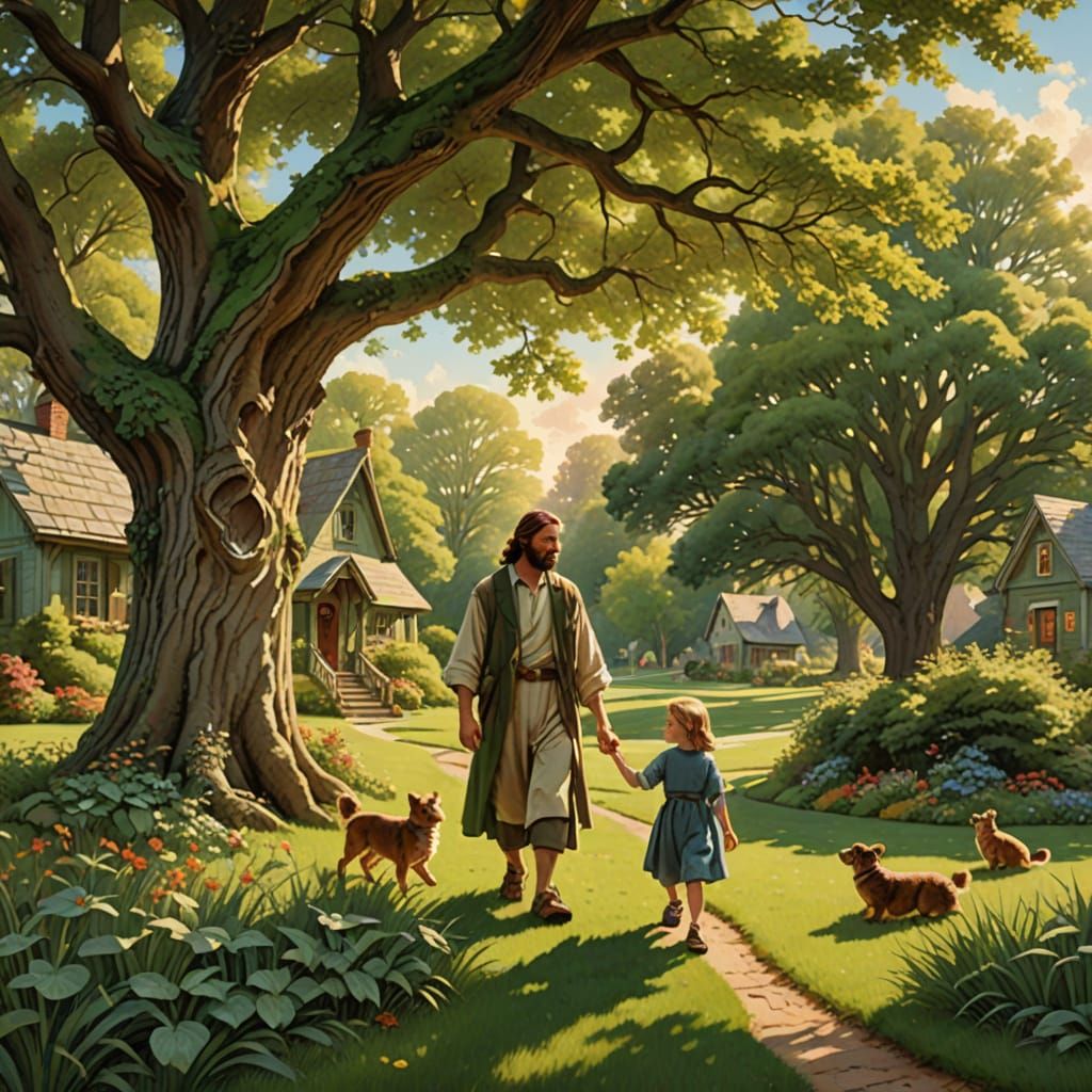 Jesus Watches Over Children in a Serene Playground