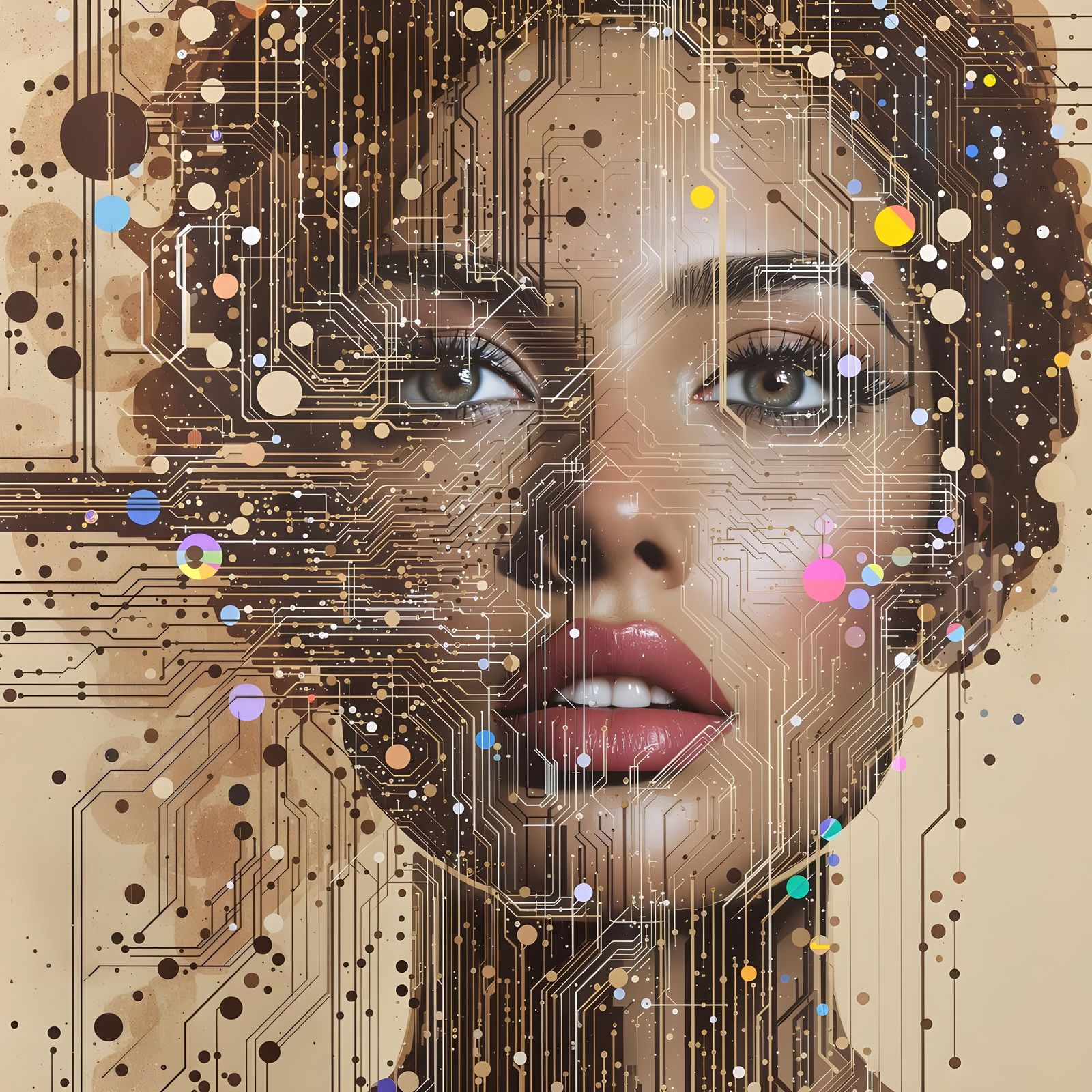 Abstract Portrait of Woman Blending Into Circuitry