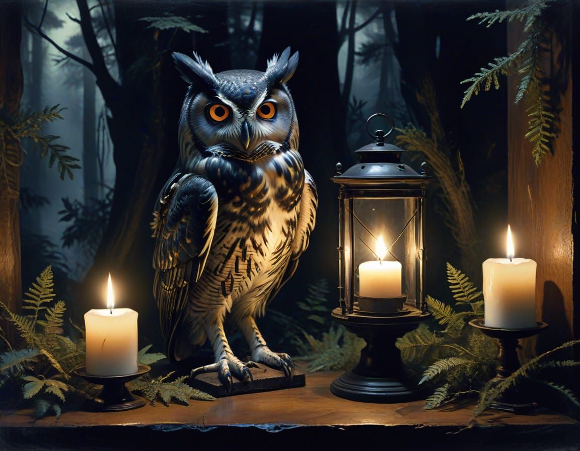 Ethereal Clockwork Owl in Enchanted Candlelit Forest