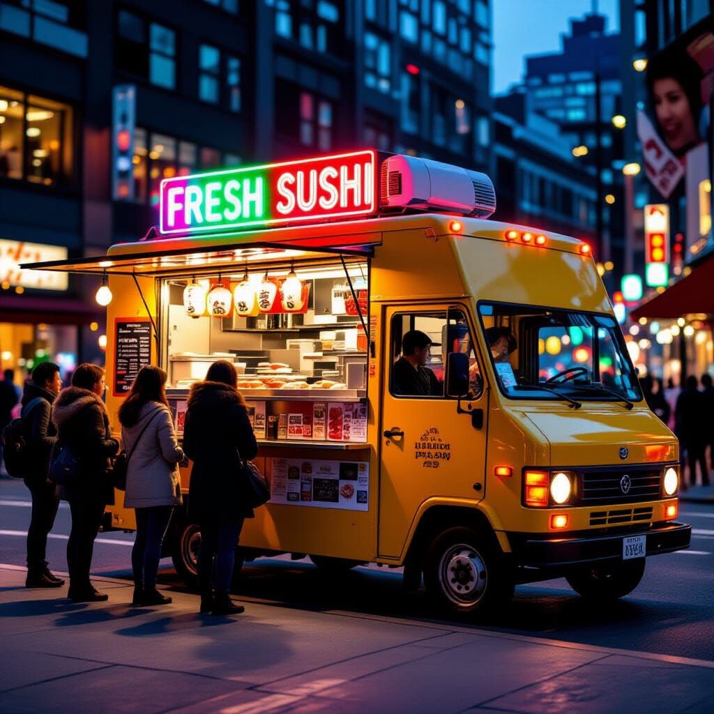 Vibrant Sushi Truck Parked on City Street