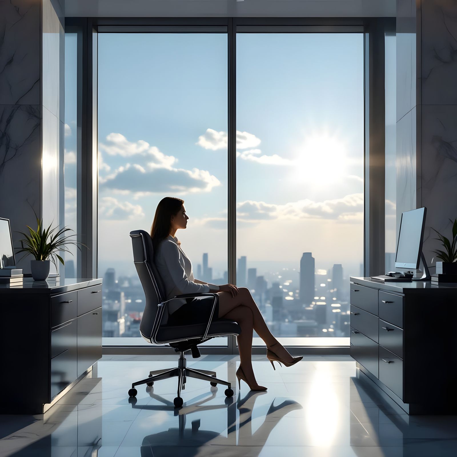 Woman Gazes Out Window of Luxurious Office