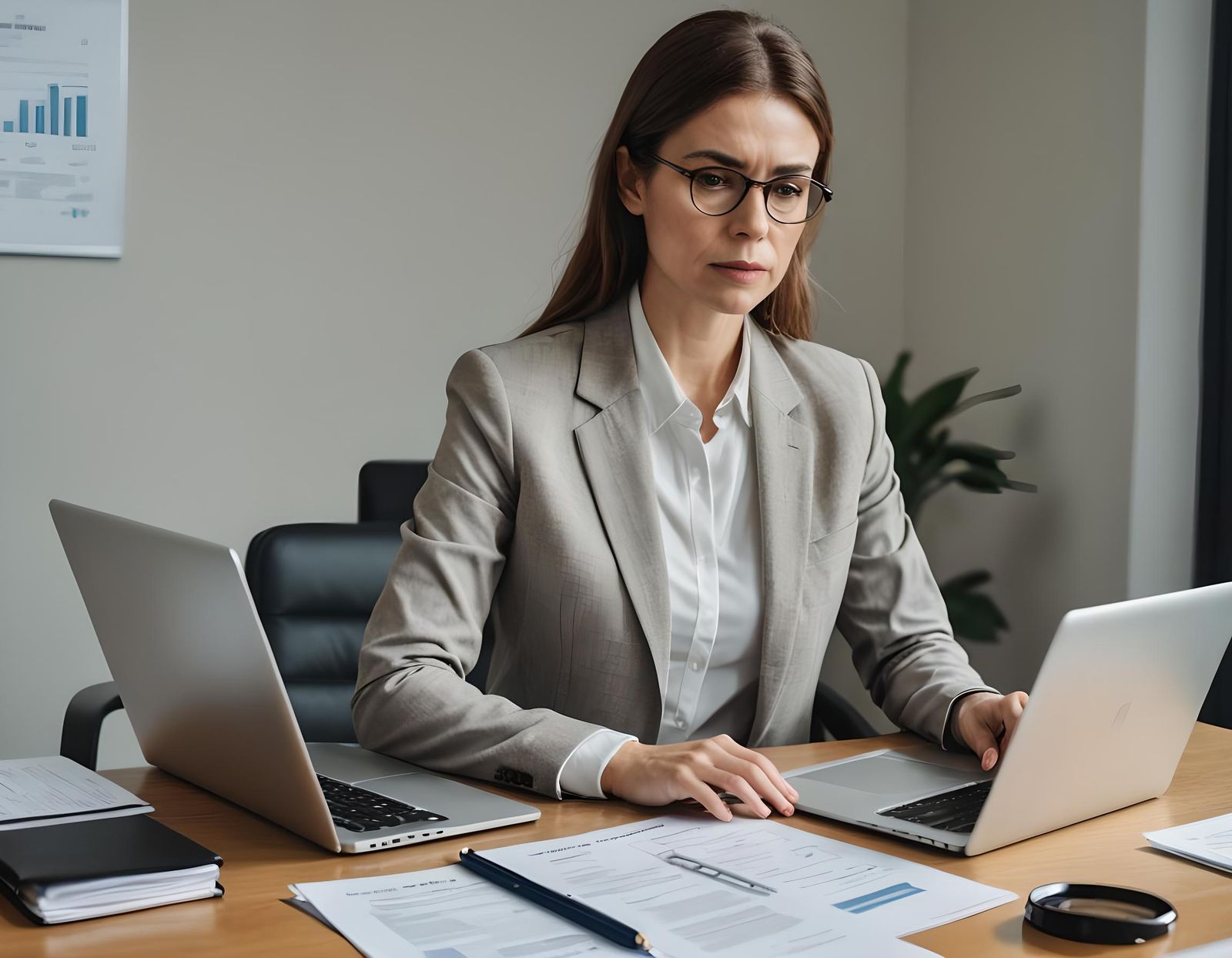 Businesswoman Working with Laptop and Documents