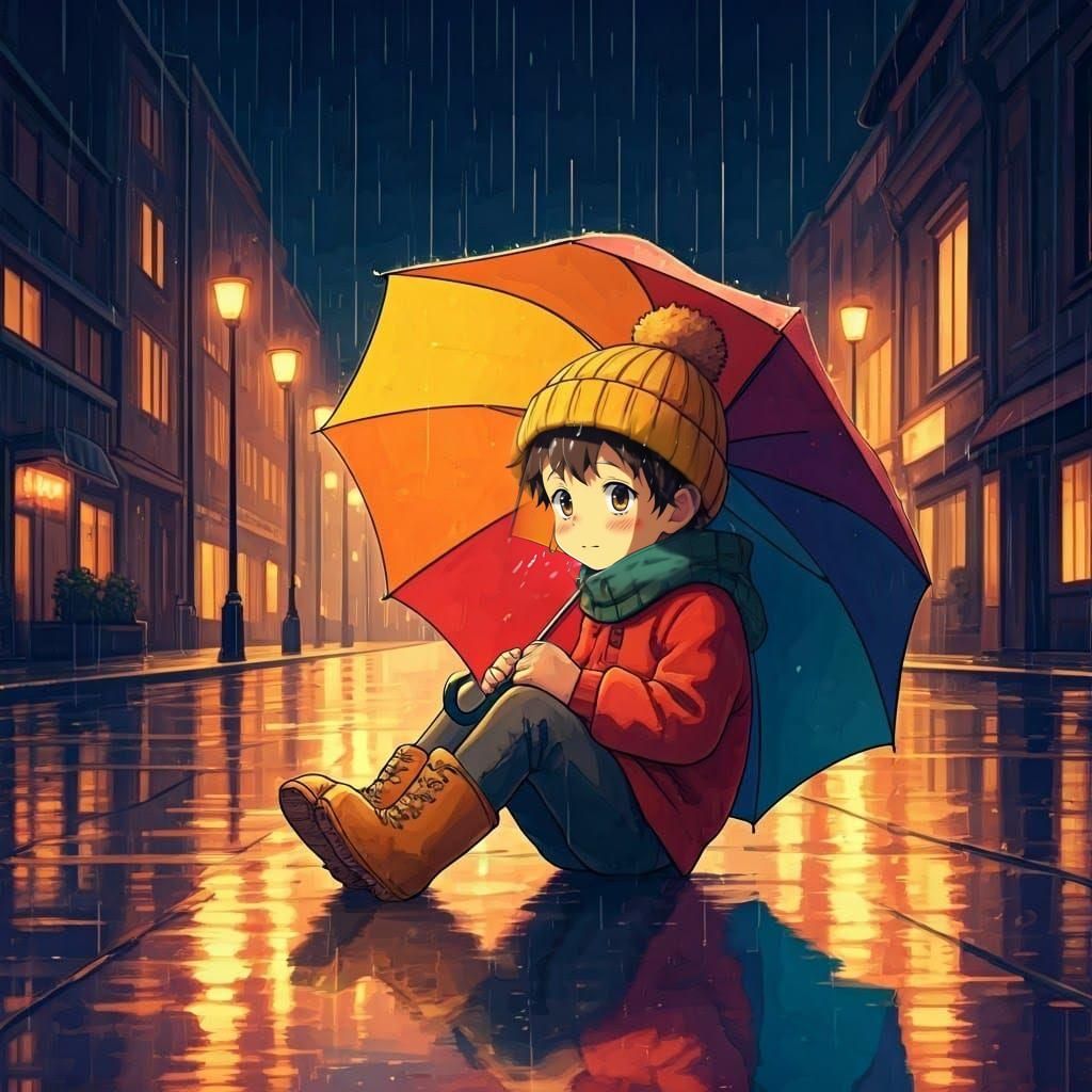 Little Boy in Red Coat Finds Shelter in Upside-Down Umbrella