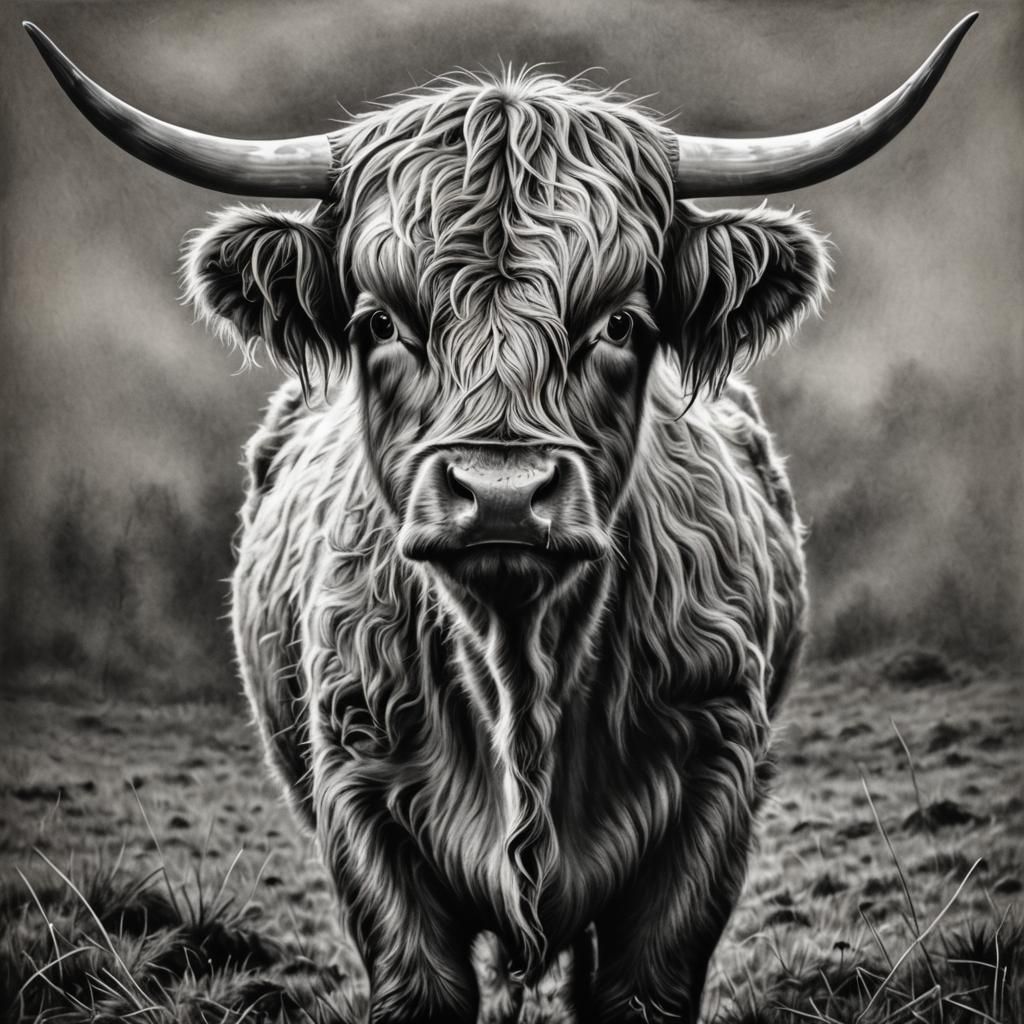Detailed Charcoal Drawing of a Highland Cow