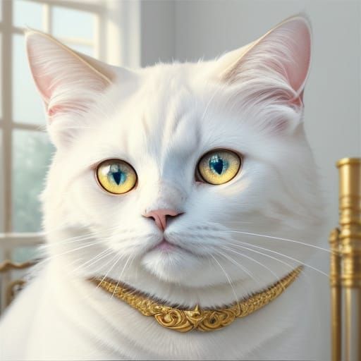 White Cat with Gold Eyes in Whimsical Art Style